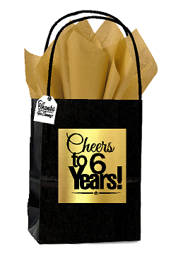 Black & Gold 6th Birthday - Anniversary Cheers Themed Small Party Favor Gift Bags with Tags -12pack