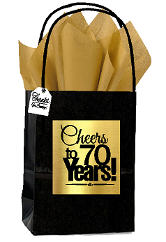 Black & Gold 70th Birthday - Anniversary Cheers Themed Small Party Favor Gift Bags with Tags -12pack