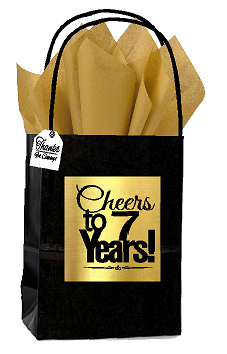Black & Gold 7th Birthday - Anniversary Cheers Themed Small Party Favor Gift Bags with Tags -12pack