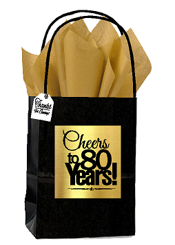 Black & Gold 80th Birthday - Anniversary Cheers Themed Small Party Favor Gift Bags with Tags -12pack
