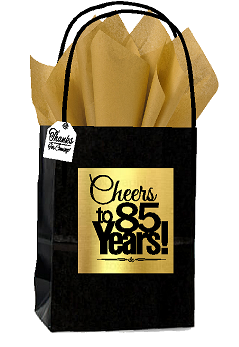 Black & Gold 85th Birthday - Anniversary Cheers Themed Small Party Favor Gift Bags with Tags -12pack