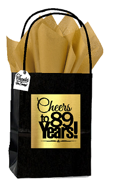 Black & Gold 89th Birthday - Anniversary Cheers Themed Small Party Favor Gift Bags with Tags -12pack