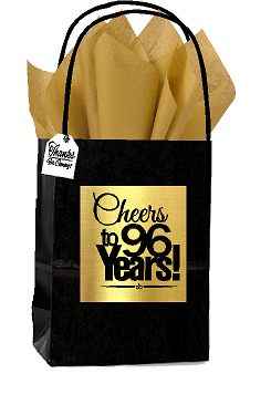 Black & Gold 96th Birthday - Anniversary Cheers Themed Small Party Favor Gift Bags with Tags -12pack