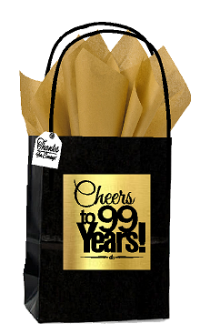 Black & Gold 99th Birthday - Anniversary Cheers Themed Small Party Favor Gift Bags with Tags -12pack