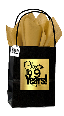 Black & Gold 9th Birthday - Anniversary Cheers Themed Small Party Favor Gift Bags with Tags -12pack