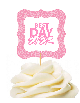 12pack Best Day Ever Light Pink Flower Cupcake Desert Appetizer Food Picks for Weddings, Birthdays, Baby Showers, Events & Parties