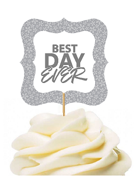 12pack Best Day Ever Grey Flower Cupcake Desert Appetizer Food Picks for Weddings, Birthdays, Baby Showers, Events & Parties