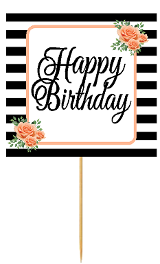 Happy Birthday Black and White Peach Floral Cupcake Toppers Desert Picks -12ct