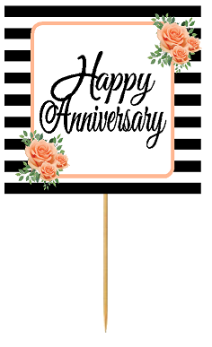 Happy Anniversary Black and White Peach Floral Cupcake Toppers Desert Picks -12ct