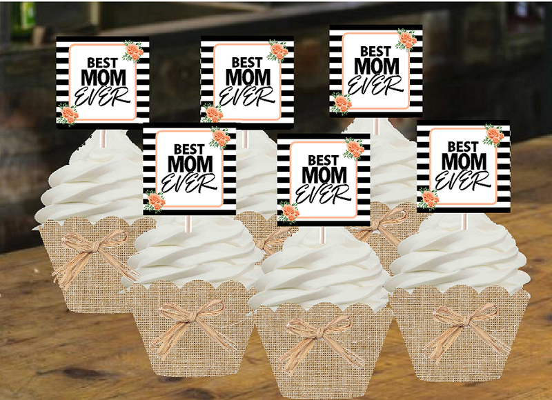 Best Mom Ever Black and White Peach Floral Cupcake Toppers Desert Picks -12ct