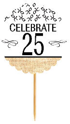 25th Birthday - Anniversary Novelty Burlap Cupcake Decoration Picks -12pack