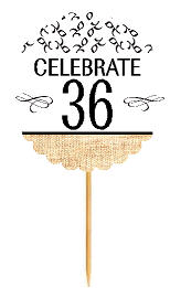 36th Birthday - Anniversary Novelty Burlap Cupcake Decoration Picks -12pack