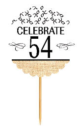 54th Birthday - Anniversary Novelty Burlap Cupcake Decoration Picks -12pack
