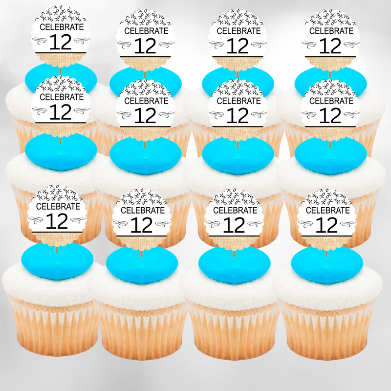 12th Birthday - Anniversary Novelty Burlap Cupcake Decoration Picks -12pack