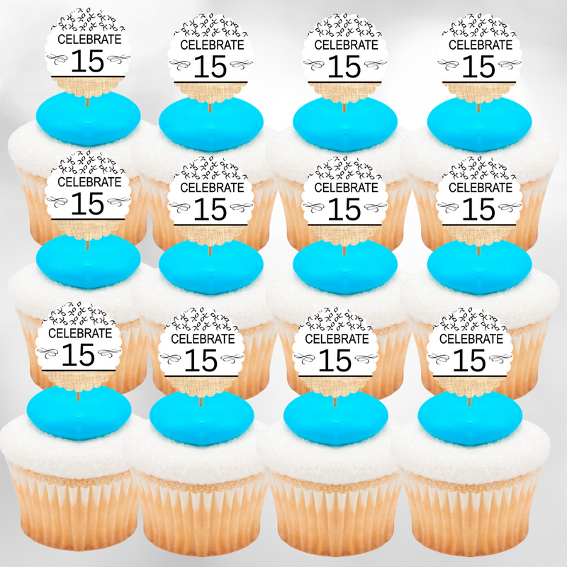 15th Birthday - Anniversary Novelty Burlap Cupcake Decoration Picks -12pack