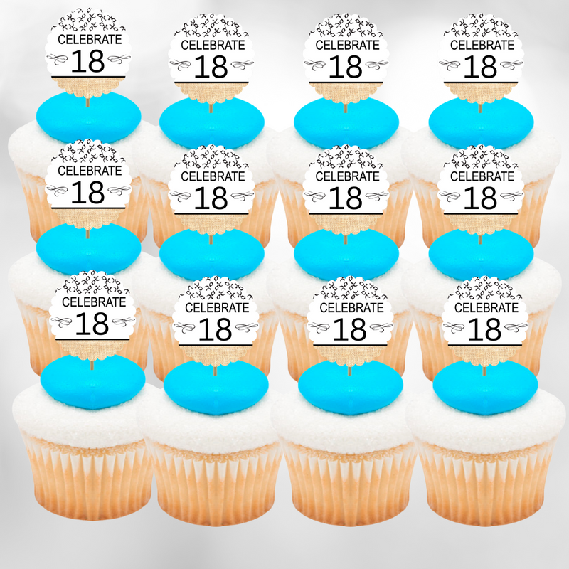 18th Birthday - Anniversary Novelty Burlap Cupcake Decoration Picks -12pack