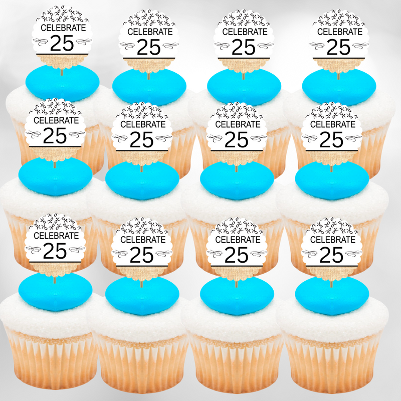 25th Birthday - Anniversary Novelty Burlap Cupcake Decoration Picks -12pack