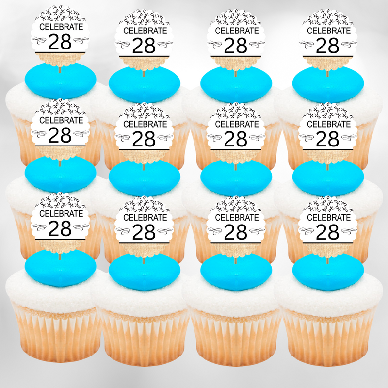 28th Birthday - Anniversary Novelty Burlap Cupcake Decoration Picks -12pack