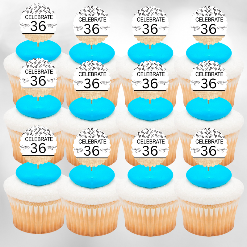 36th Birthday - Anniversary Novelty Burlap Cupcake Decoration Picks -12pack