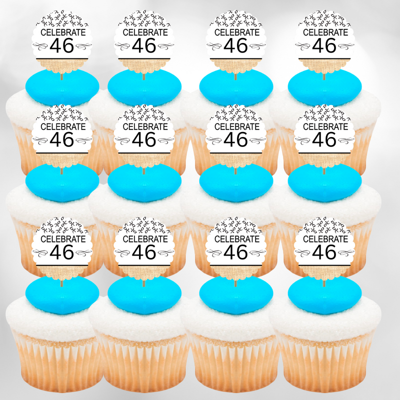 46th Birthday - Anniversary Novelty Burlap Cupcake Decoration Picks -12pack
