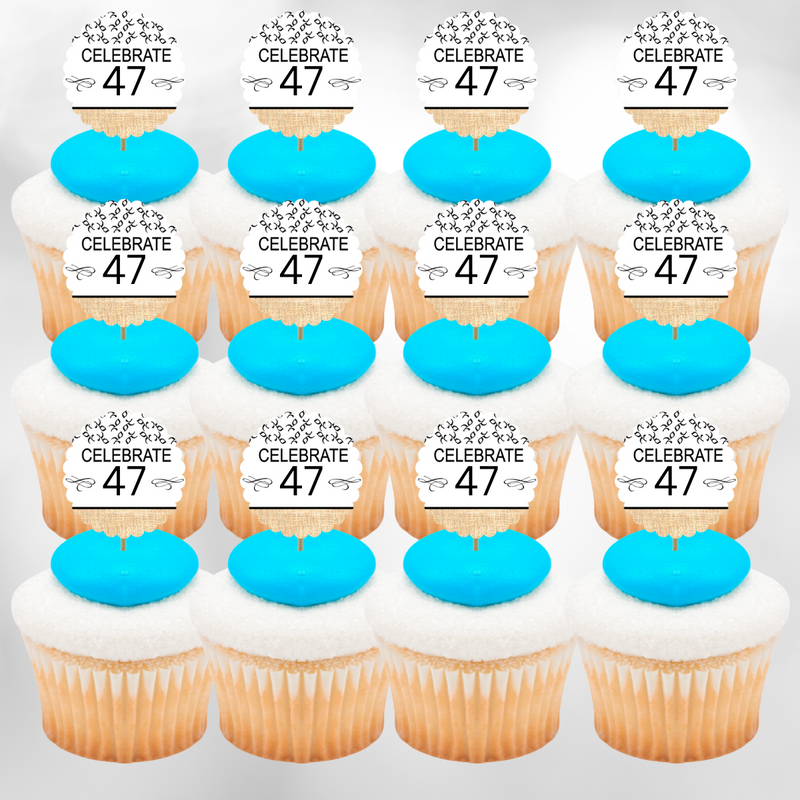 47th Birthday - Anniversary Novelty Burlap Cupcake Decoration Picks -12pack