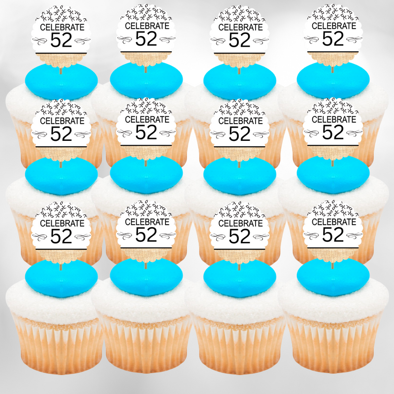52nd Birthday - Anniversary Novelty Burlap Cupcake Decoration Picks -12pack