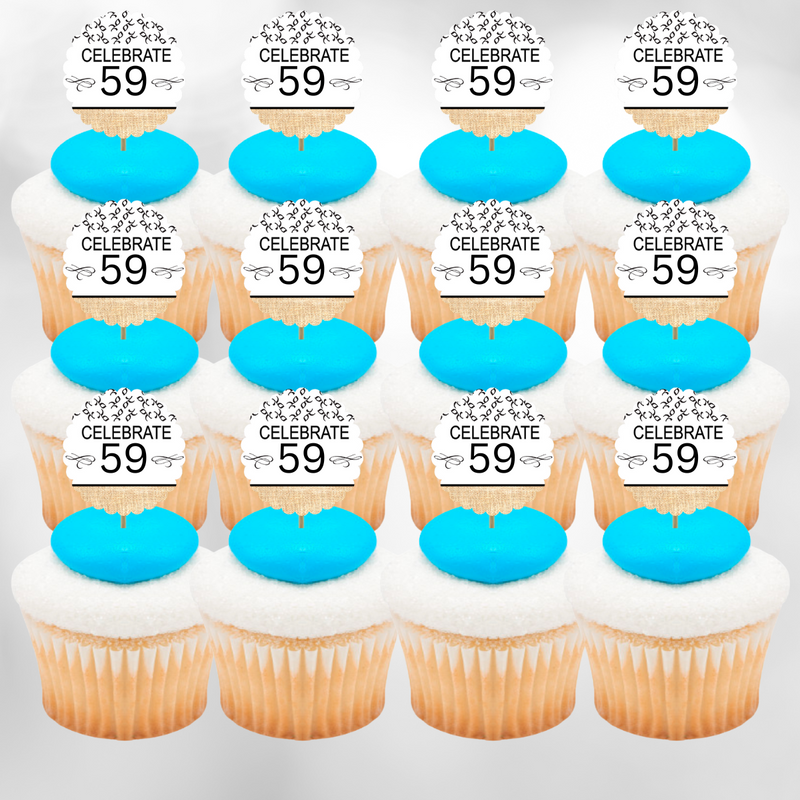59th Birthday - Anniversary Novelty Burlap Cupcake Decoration Picks -12pack
