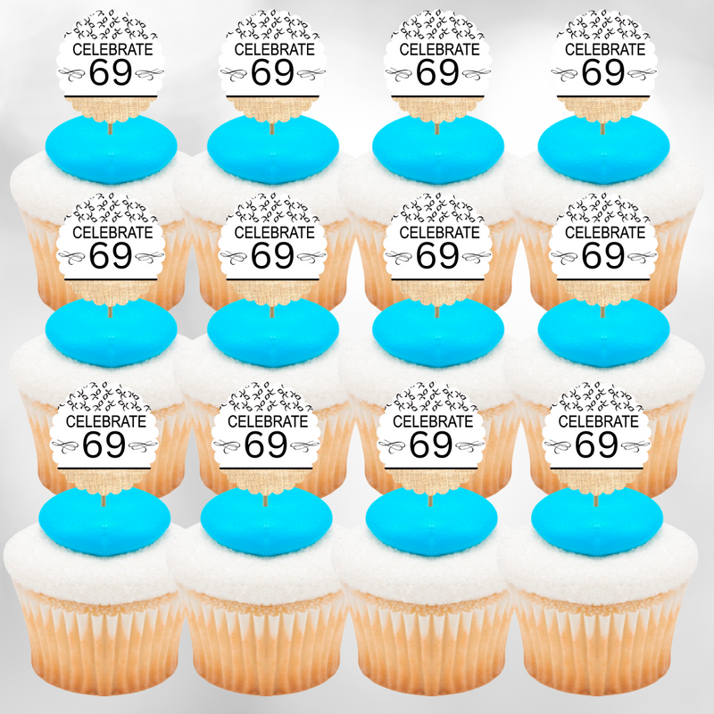 69th Birthday - Anniversary Novelty Burlap Cupcake Decoration Picks -12pack