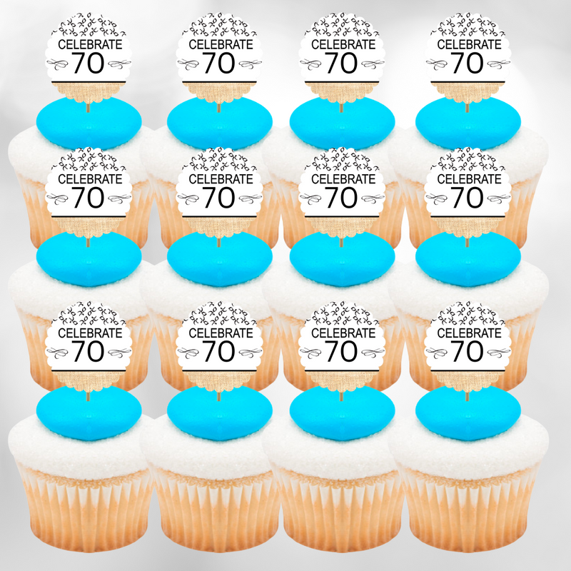70th Birthday - Anniversary Novelty Burlap Cupcake Decoration Picks -12pack