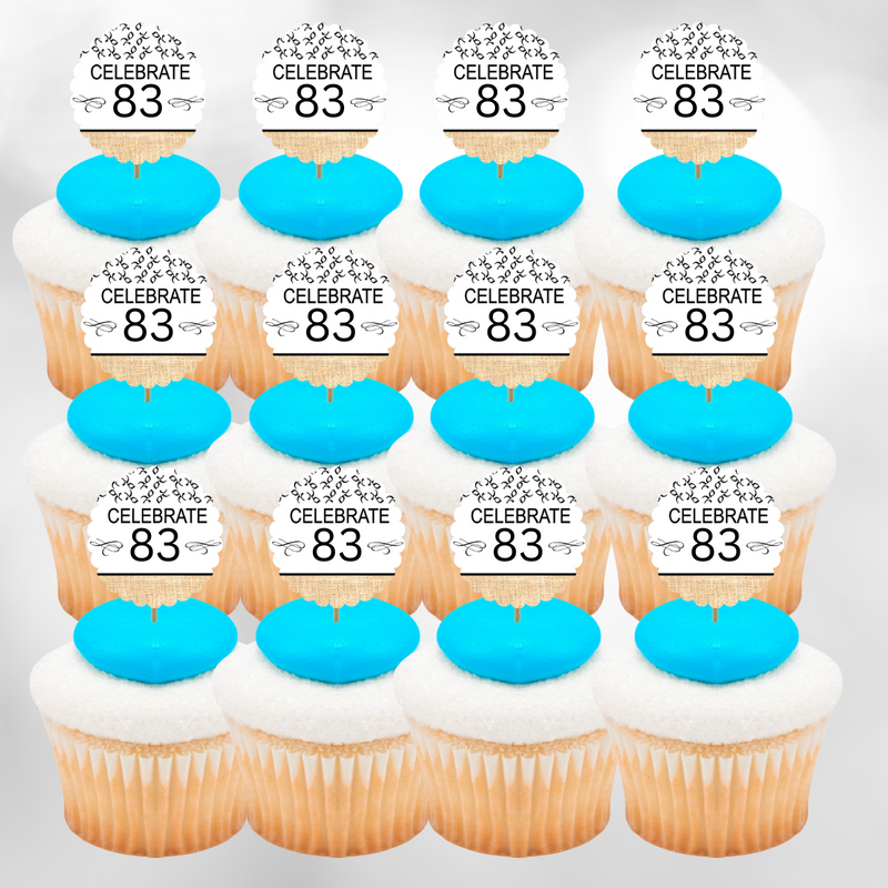 83rd Birthday - Anniversary Novelty Burlap Cupcake Decoration Picks -12pack