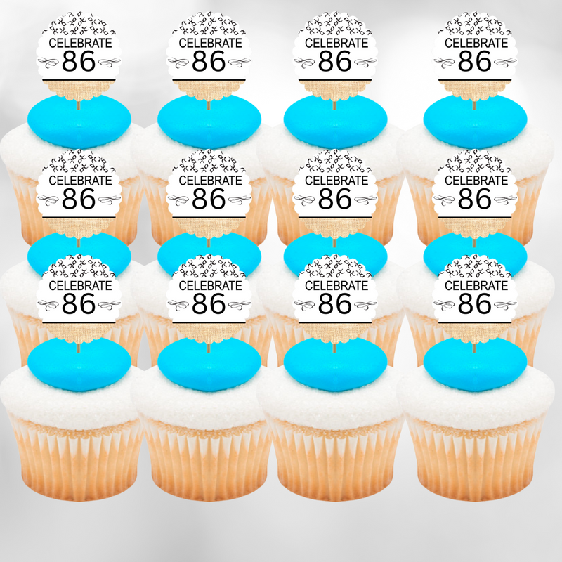 86th Birthday - Anniversary Novelty Burlap Cupcake Decoration Picks -12pack