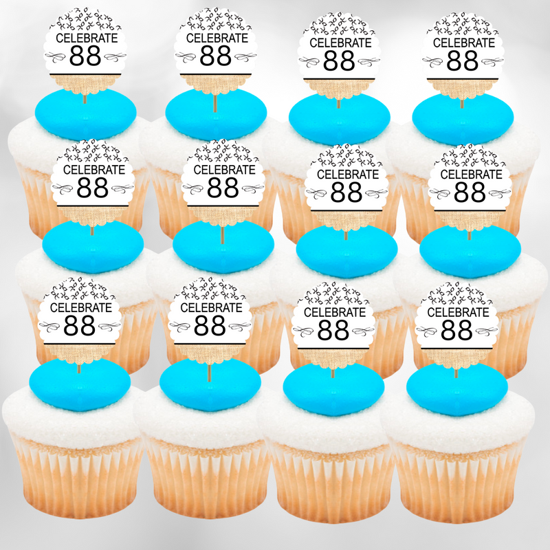 88th Birthday - Anniversary Novelty Burlap Cupcake Decoration Picks -12pack