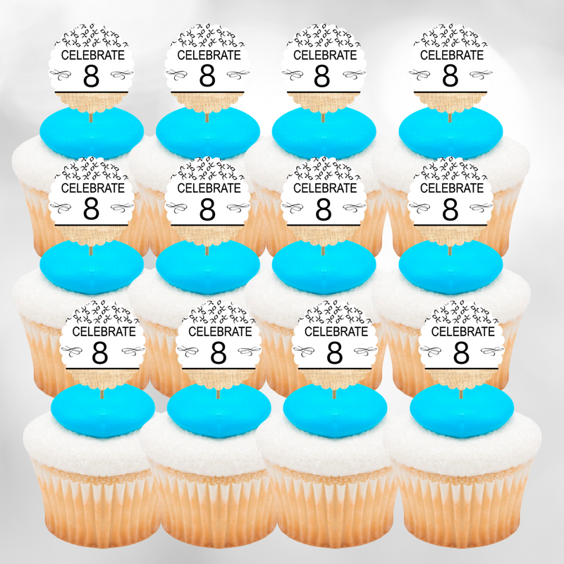 8th Birthday - Anniversary Novelty Burlap Cupcake Decoration Picks -12pack