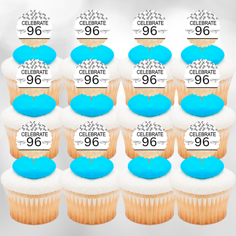 96th Birthday - Anniversary Novelty Burlap Cupcake Decoration Picks -12pack