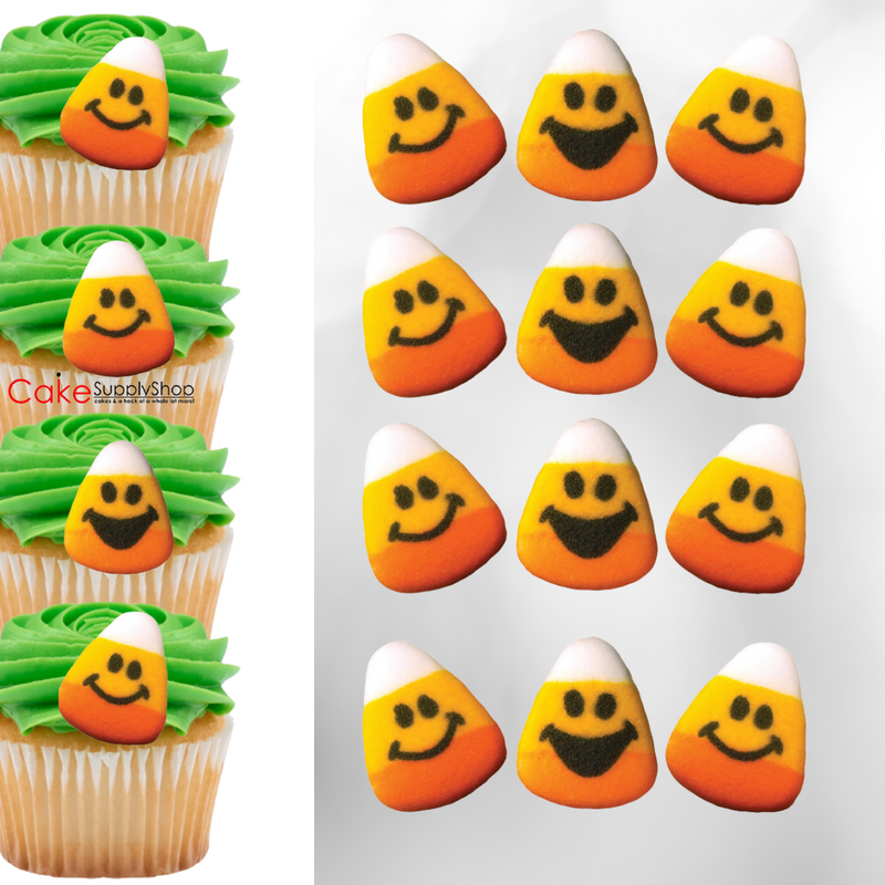 Candy Corn Faces Edible Dessert Toppers Cake Cupcake Sugar Icing Decorations -12ct