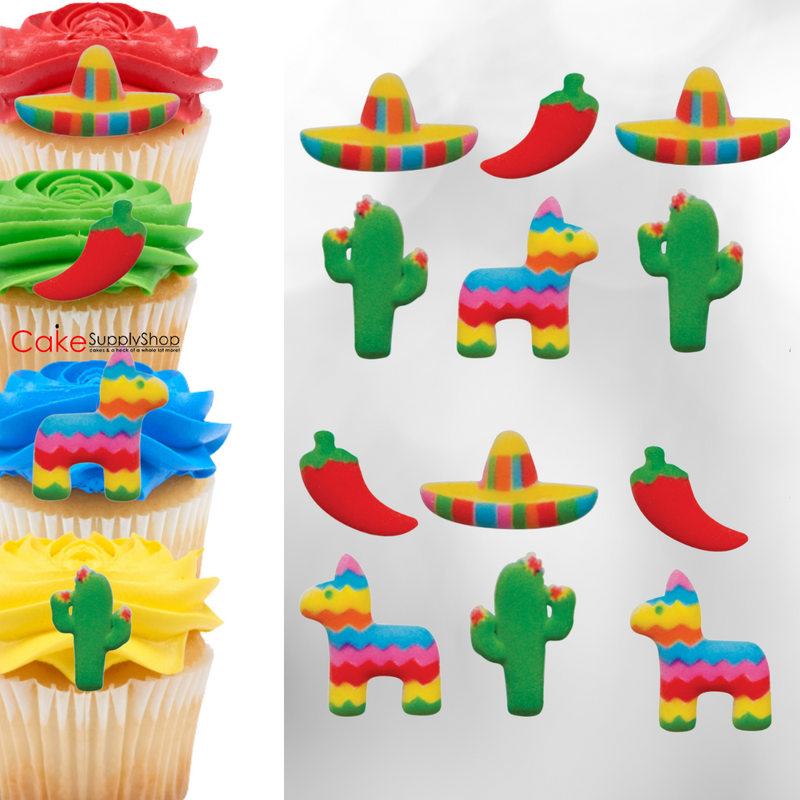 Mexican Cinco de Mayo Celebracion Edible Fiesta Cactus Chili Pepper Piñata Sbarro Sugar Decorations for Cakes and Cupcake -12ct