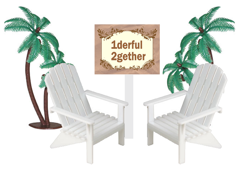 1derful 2gether Sign with Mini Beach Adirondack Plastic Chairs Cake Decoration Toppers with Palm Trees