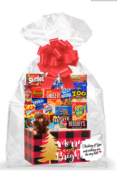 Merry & Bright Red and Black Buffallo Plaid Christmas Holiday Thinking Of You Cookies, Candy & More Care Package Snack Gift Box Bundle Set