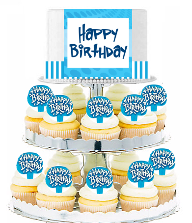 Cascading Cupcakes Blue Happy Birthday Picks  with Photo Image and Ribbon