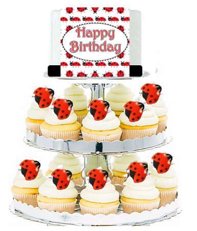 Lady Bug Cascading Cupcake Tower Kit with Edible Sugar with Photo Image and Ribbon