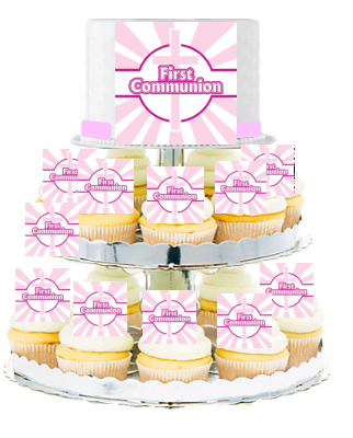 First Communion  Edible Photo  & Edible Cupcake Decoration Toppers  -Pink