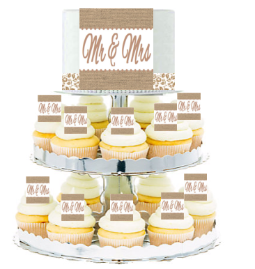 Mr & Mrs Burlap Wedding  Edible Photo  & Edible Cupcake Decoration Toppers