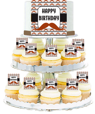 Happy Birthday Brown Mustache  Edible Photo  & Edible Cupcake Decoration Toppers