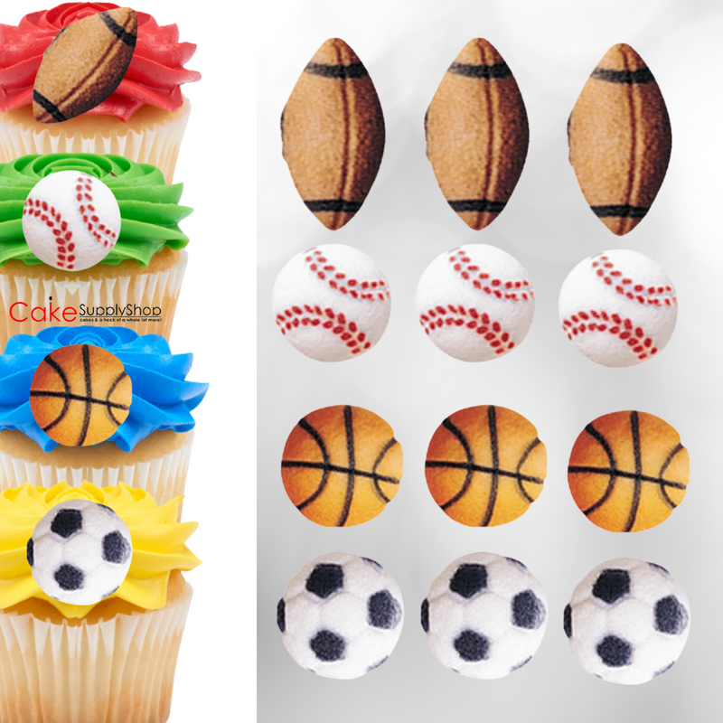 Sports Balls Football Basketball Baseball Soccer Edible Dessert Toppers Cake Cupcake Sugar Icing Decorations -12ct