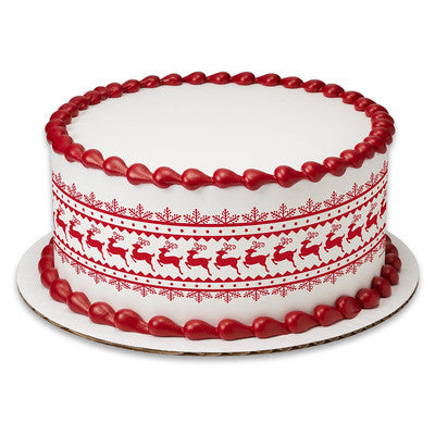 Nordic Print Image Reindeer Red & White Holiday Birthday Peel  & STick Edible Cake Topper Decoration for Cake Borders