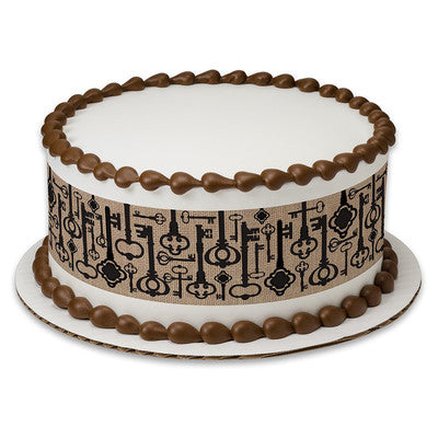 Vintage Keys Brown Birthday Peel  & STick Edible Cake Topper Decoration for Cake Borders