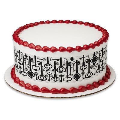 Vintage Keys Black & White Birthday Peel  & STick Edible Cake Topper Decoration for Cake Borders
