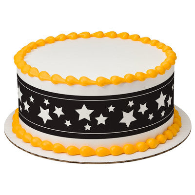 White Stars on Black Birthday Peel  & STick Edible Cake Topper Decoration for Cake Borders w. Sparkle Flakes & Favor Labels
