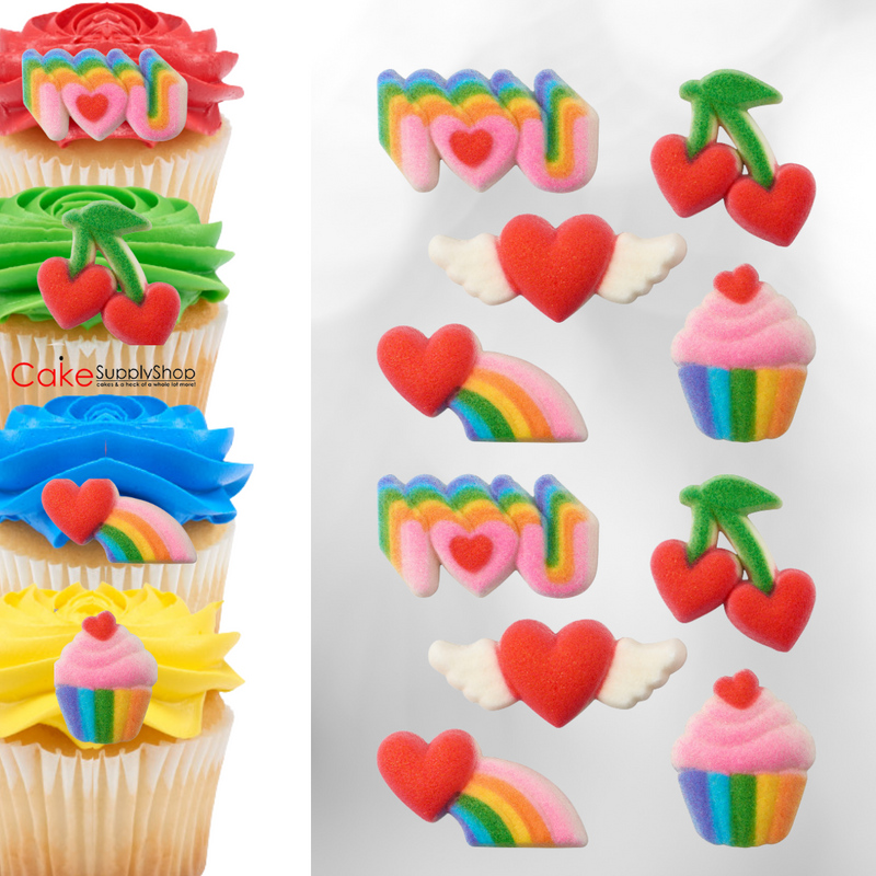 Rainbow Cupcake Heart Rainbow & Cherry Edible Dessert Toppers Cake Cupcake Sugar Icing Decorations-12ct