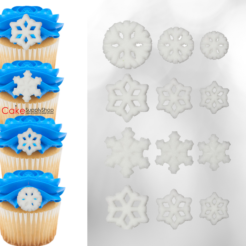 Snowflake Assortment Edible Dessert Toppers Cake Cupcake Sugar Icing Decorations -12ct
